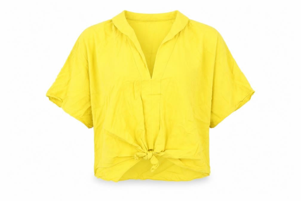 Front view of Zara women’s yellow viscose basic t-shirt, size M, v-neck