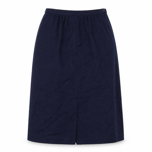 Front view of Persona women’s blue polyester a-line skirt, size UK 10, button