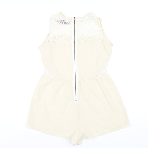Boohoo Womens Beige Polyester Playsuit One-Piece Size 8 Zip - Lace Detail