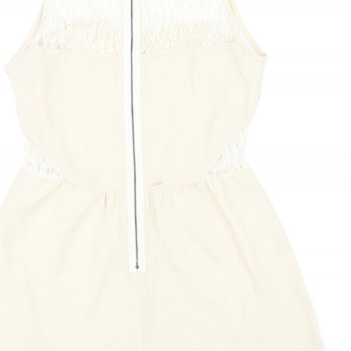 Boohoo Womens Beige Polyester Playsuit One-Piece Size 8 Zip - Lace Detail
