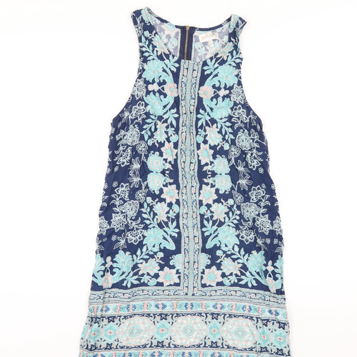 Apricot Womens Blue Geometric Viscose Tank Dress Size 12 Round Neck Zip