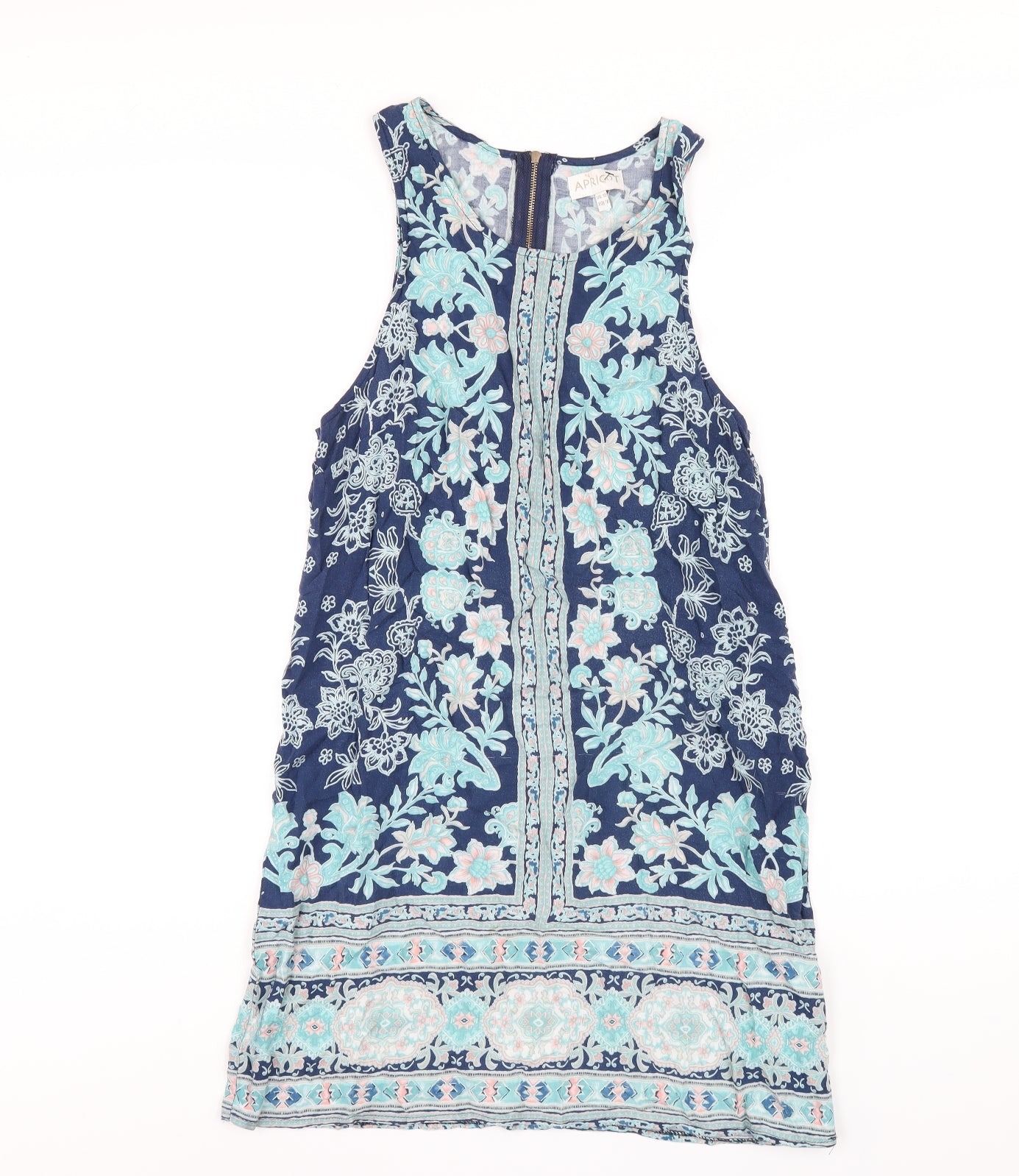 Apricot Womens Blue Geometric Viscose Tank Dress Size 12 Round Neck Zip