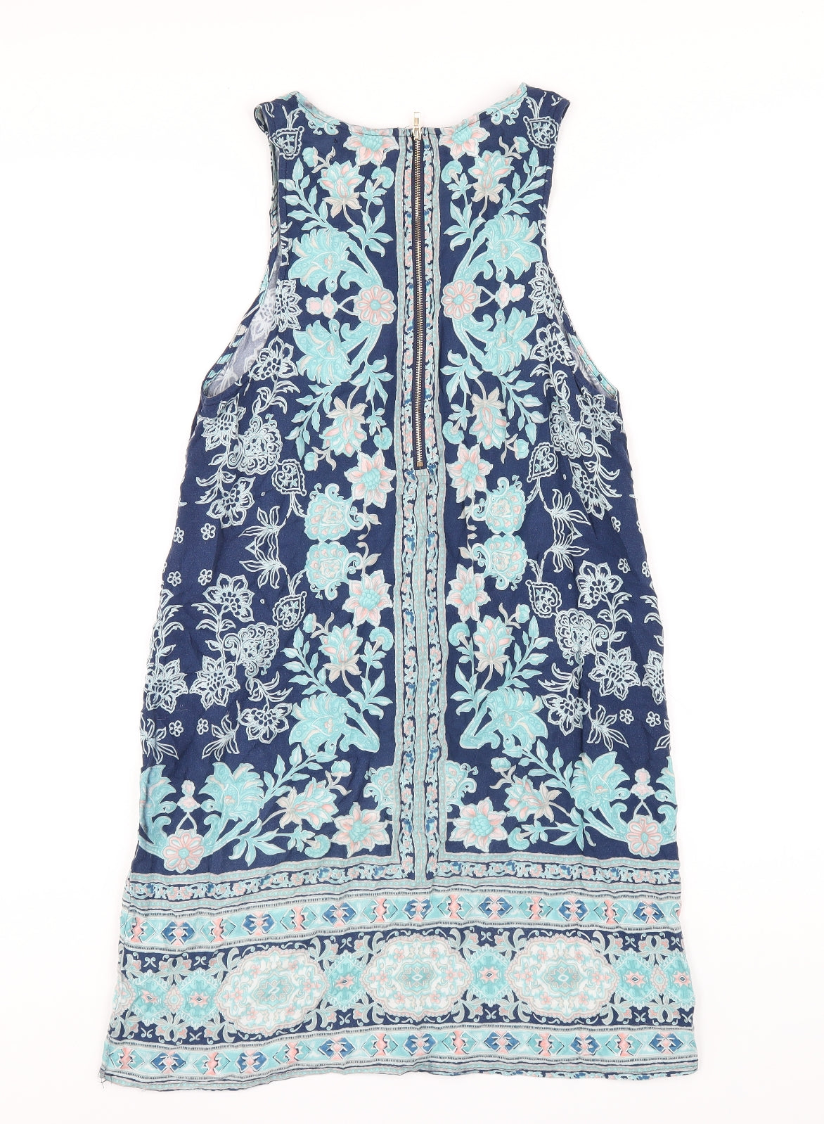 Apricot Womens Blue Geometric Viscose Tank Dress Size 12 Round Neck Zip