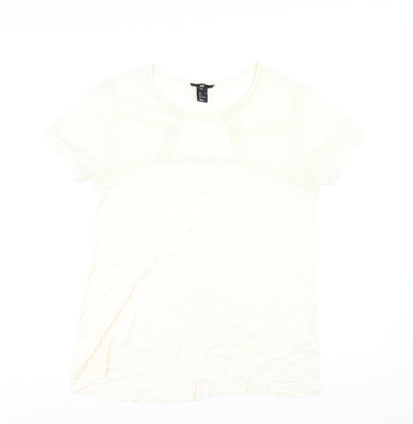 H&M Womens Ivory Viscose Basic T-Shirt Size L Round Neck