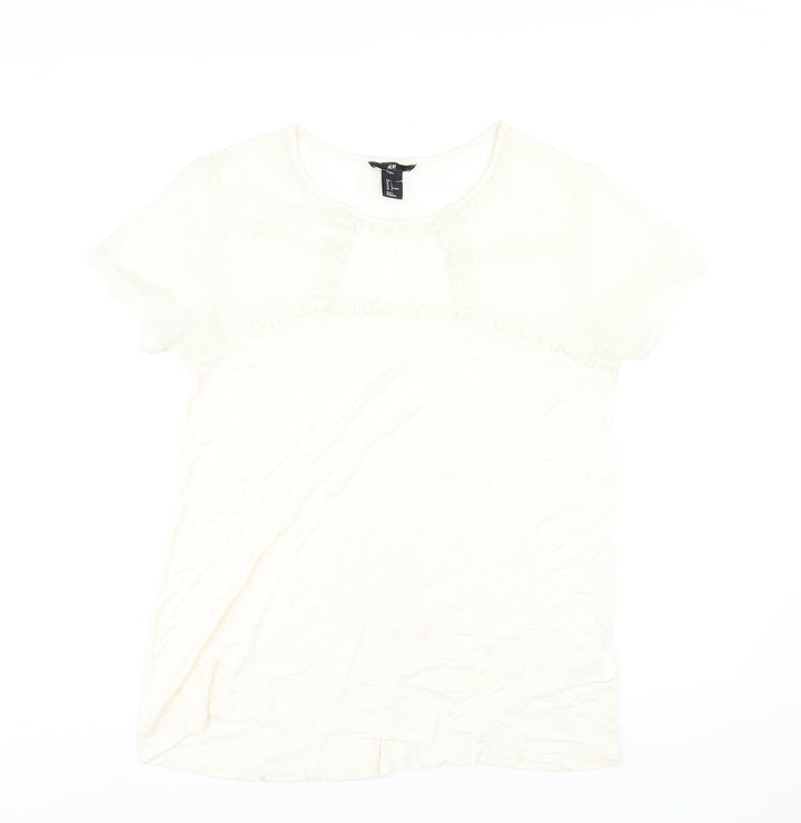 H&M Womens Ivory Viscose Basic T-Shirt Size L Round Neck
