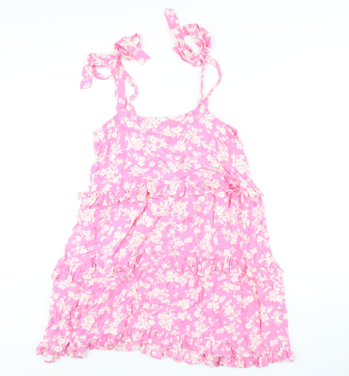 New Look Womens Pink Floral Viscose A-Line Size 10 Square Neck Pullover