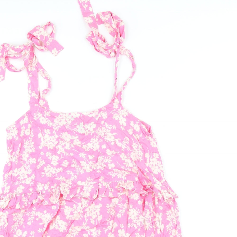 New Look Womens Pink Floral Viscose A-Line Size 10 Square Neck Pullover