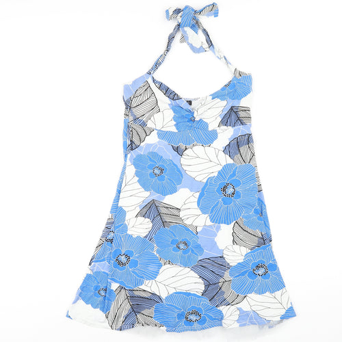 Jane Norman Womens Blue Floral Viscose A-Line Size 14 Halter Pullover