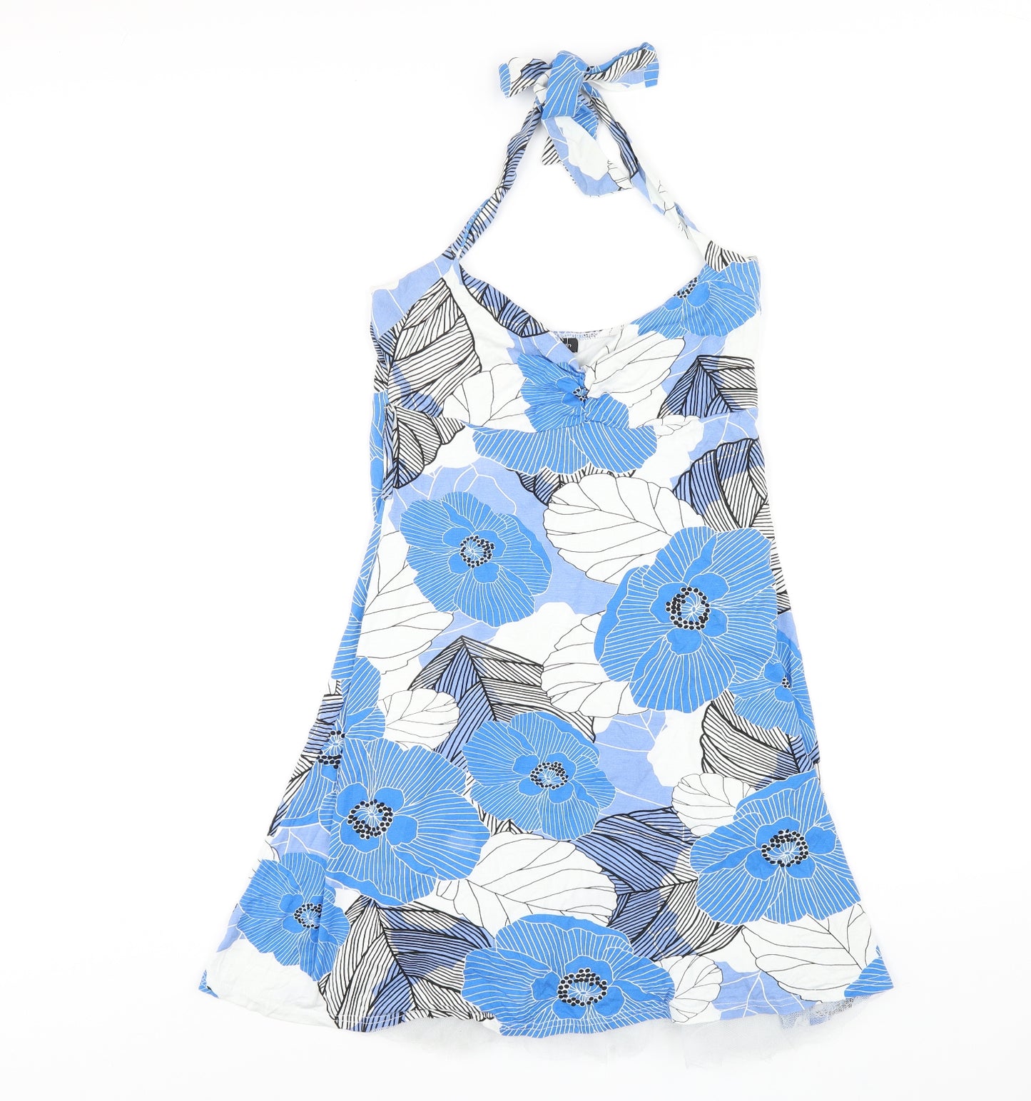 Jane Norman Womens Blue Floral Viscose A-Line Size 14 Halter Pullover