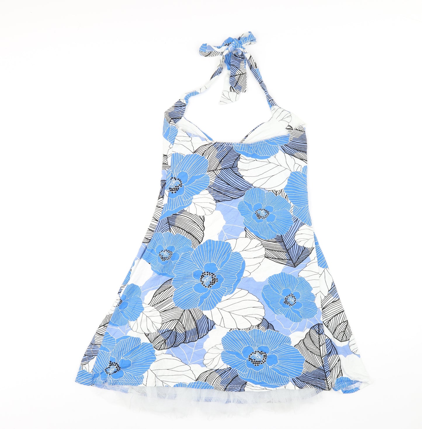 Jane Norman Womens Blue Floral Viscose A-Line Size 14 Halter Pullover