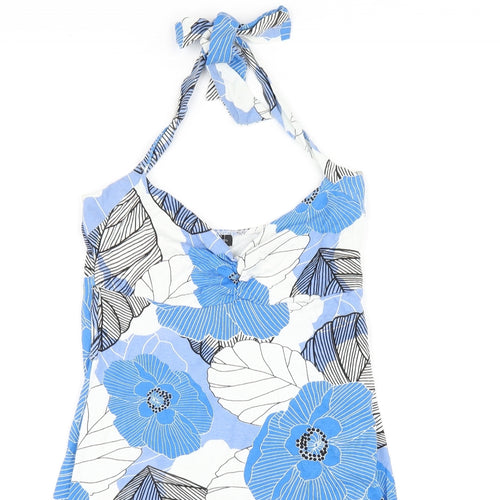 Jane Norman Womens Blue Floral Viscose A-Line Size 14 Halter Pullover