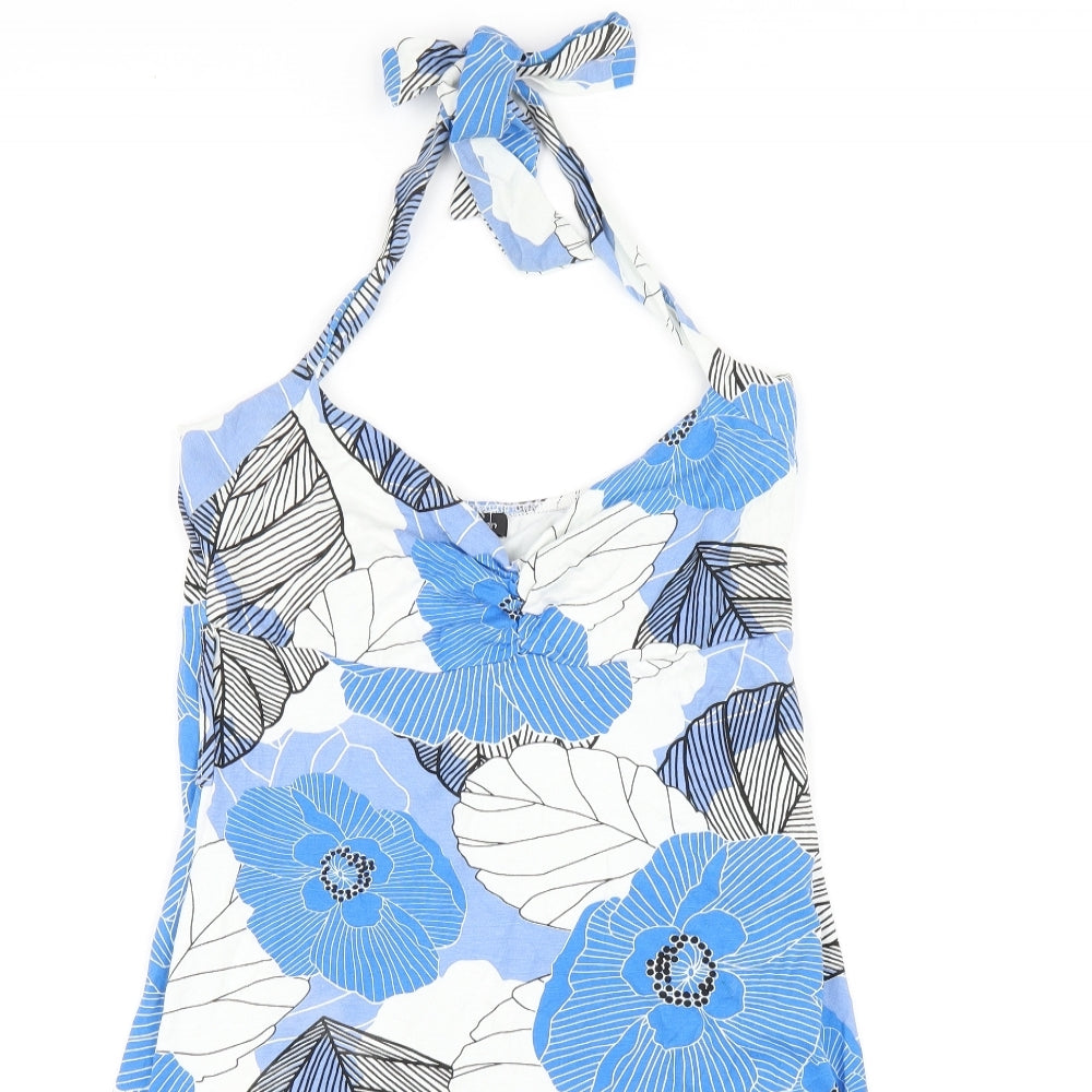 Jane Norman Womens Blue Floral Viscose A-Line Size 14 Halter Pullover