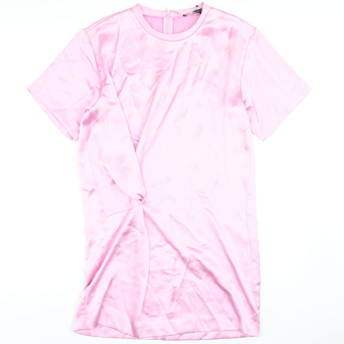 Zara Womens Pink Polyester T-Shirt Dress Size L Round Neck Zip