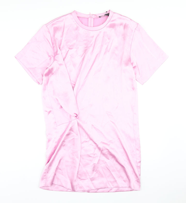 Zara Womens Pink Polyester T-Shirt Dress Size L Round Neck Zip