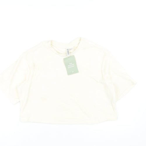 H&M Womens Ivory Polyethylene Cropped T-Shirt Size XS Round Neck