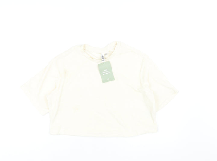 H&M Womens Ivory Polyethylene Cropped T-Shirt Size XS Round Neck