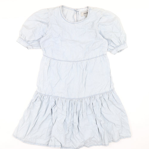 New Look Womens Blue Cotton Trapeze & Swing Size 8 Round Neck Button