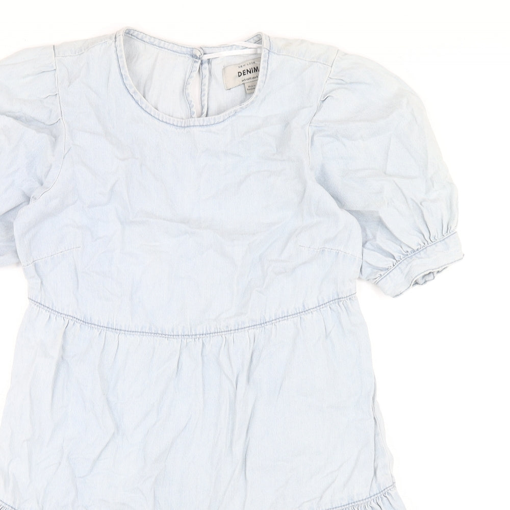 New Look Womens Blue Cotton Trapeze & Swing Size 8 Round Neck Button