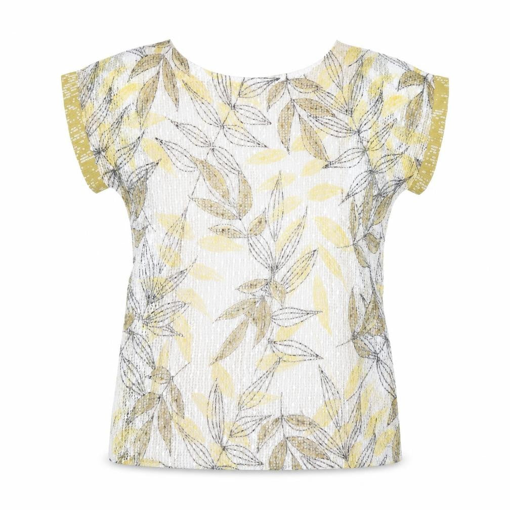 Front view of Klass women’s yellow floral polyester basic t-shirt, size M, round neck