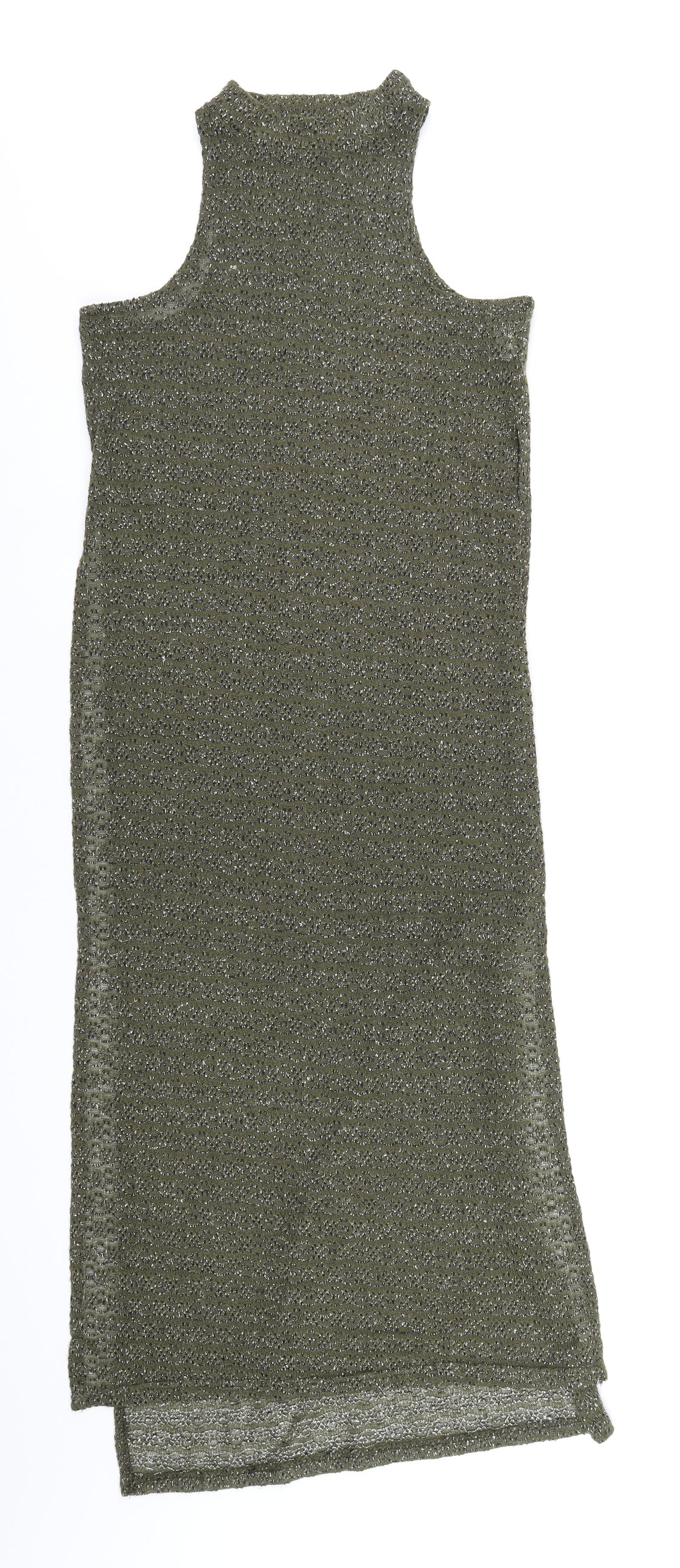 QED London Womens Green Polyester Basic T-Shirt Size S Mock Neck - Side Slits