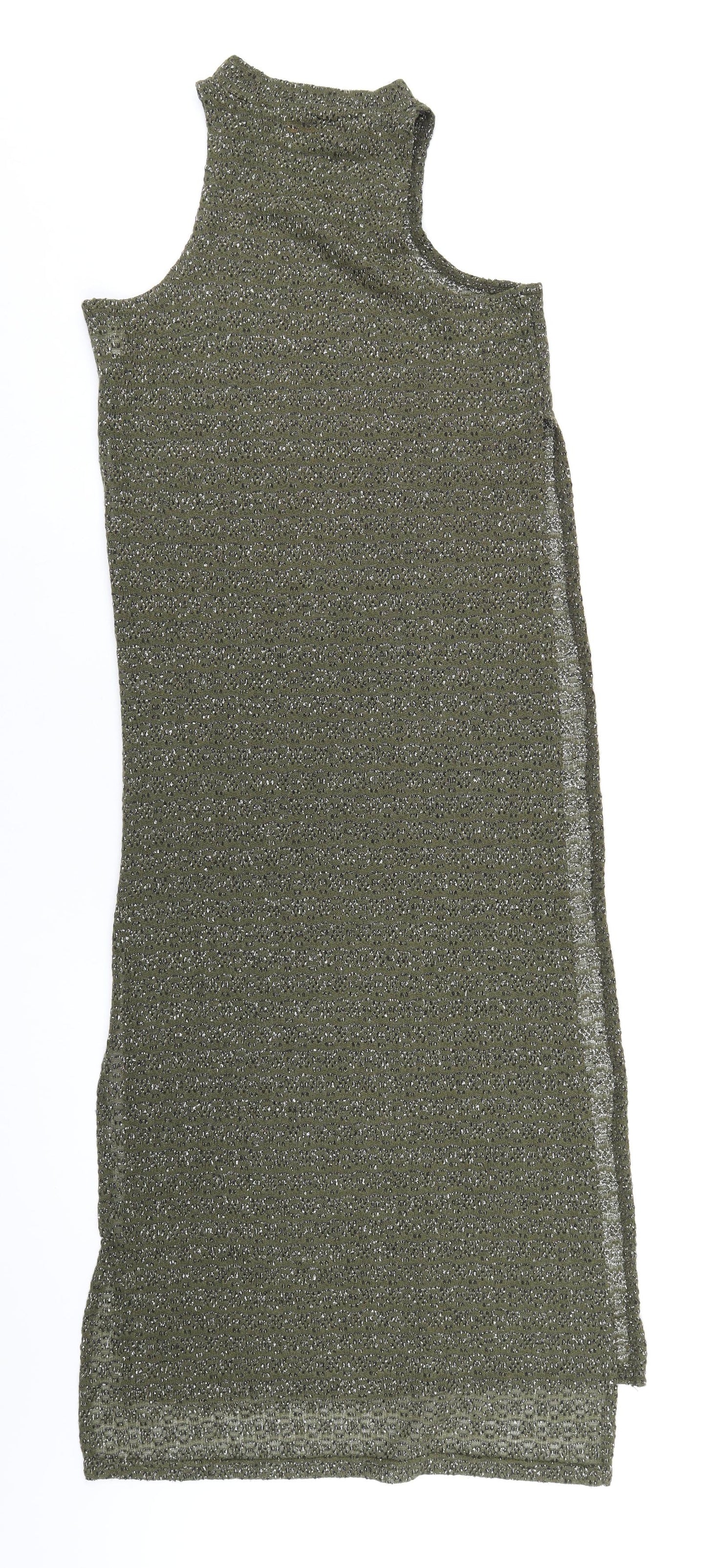 QED London Womens Green Polyester Basic T-Shirt Size S Mock Neck - Side Slits