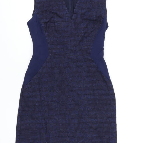 Marks and Spencer Womens Blue Cotton Pencil Dress Size 10 V-Neck Zip