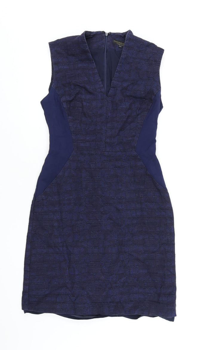 Marks and Spencer Womens Blue Cotton Pencil Dress Size 10 V-Neck Zip