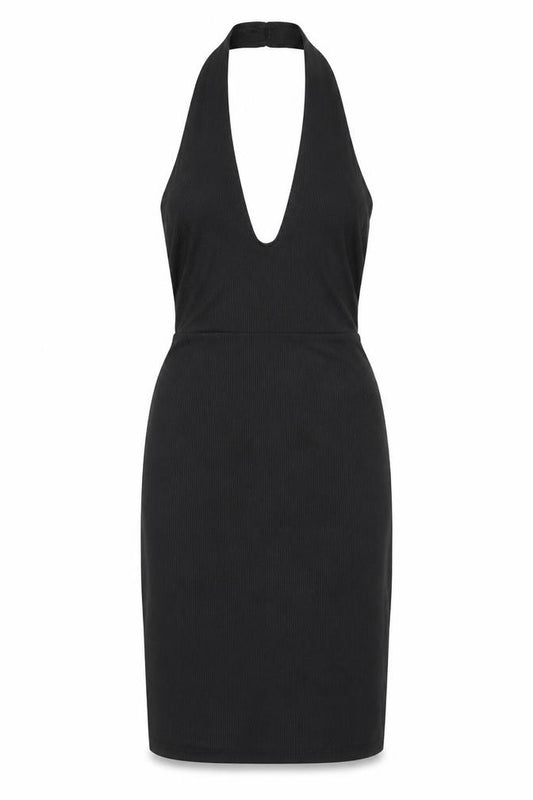 Front view of PRETTYLITTLETHING women’s black polyester bodycon, size UK 8, halter pullover