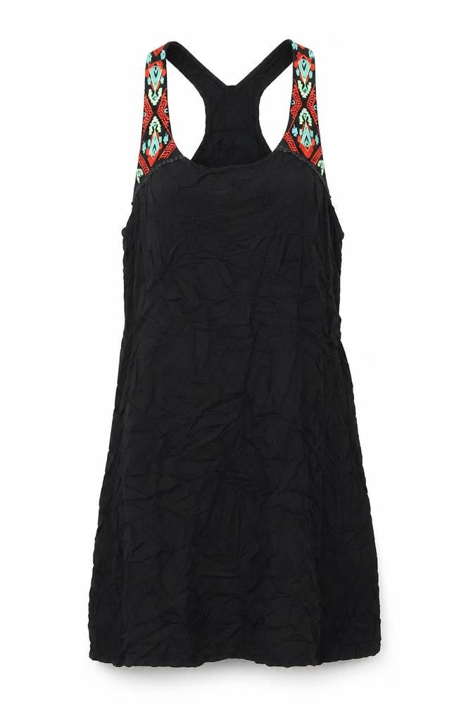 Front view of Riviera women’s black viscose tank dress, size M, v-neck pullover