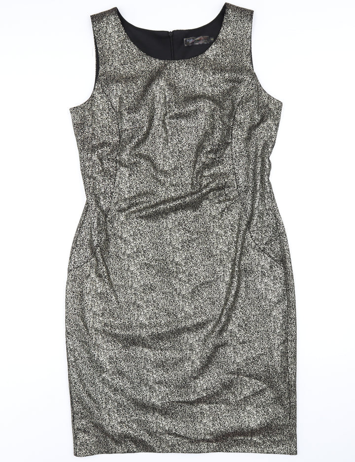 bonprix Womens Gold Polyester Pencil Dress Size 12 Round Neck Zip