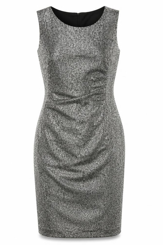 Front view of Bonprix women’s gold polyester pencil dress, size UK 12, round neck zip