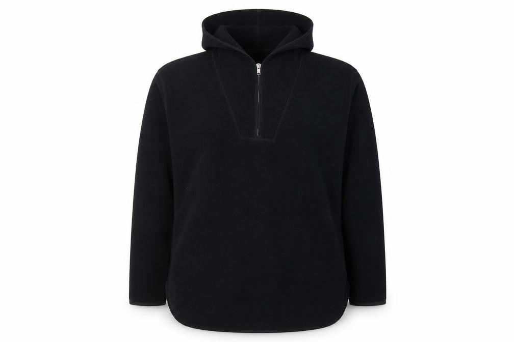 Front view of H&M unisex black pullover hoodie, size L, polyester