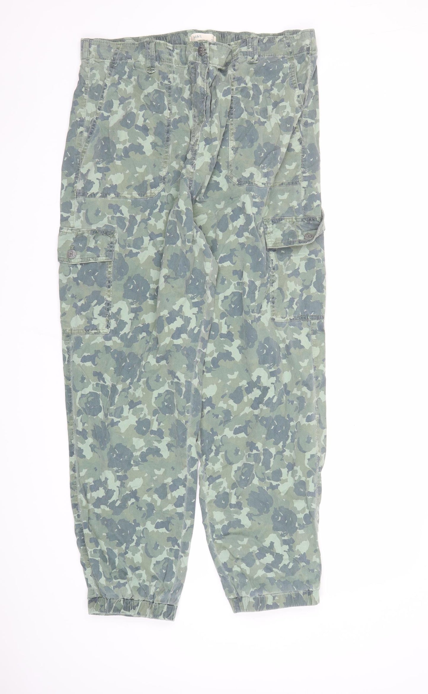 Marks and Spencer Womens Green Camouflage Lyocell Cargo Trousers Size 18 L28 in Regular Zip - Elasticated Waist Pockets