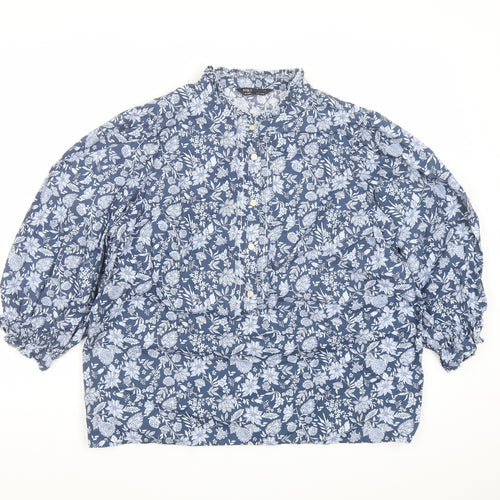 Marks and Spencer Womens Blue Floral Cotton Basic Blouse Size 14 Mock Neck