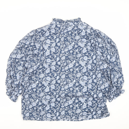 Marks and Spencer Womens Blue Floral Cotton Basic Blouse Size 14 Mock Neck