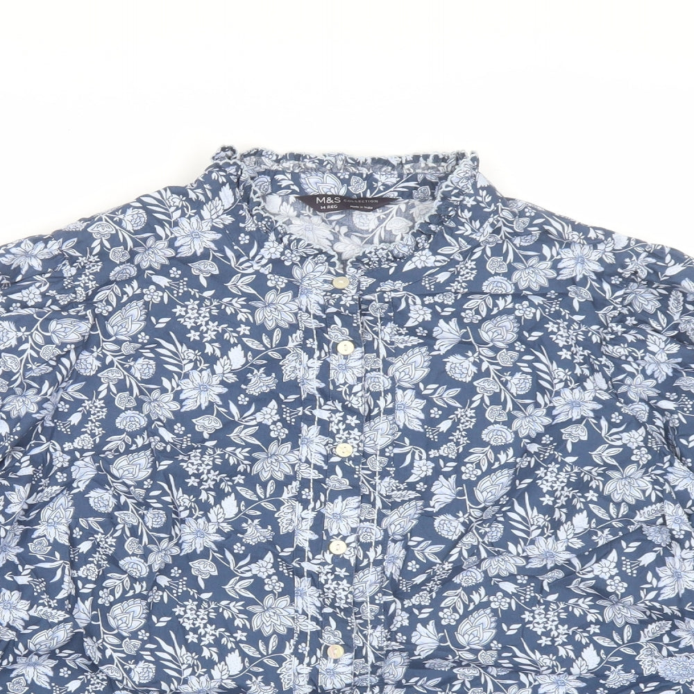 Marks and Spencer Womens Blue Floral Cotton Basic Blouse Size 14 Mock Neck