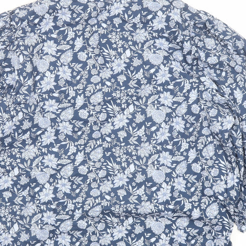 Marks and Spencer Womens Blue Floral Cotton Basic Blouse Size 14 Mock Neck