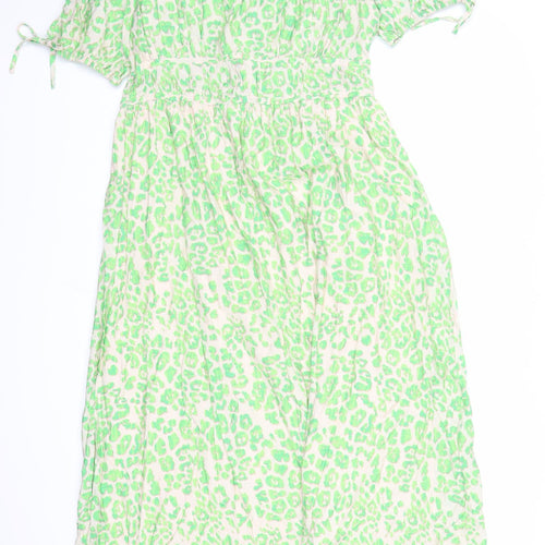 Marks and Spencer Womens Green Animal Print Viscose Trapeze & Swing Size 12 V-Neck Pullover - Leopard Pattern Lined