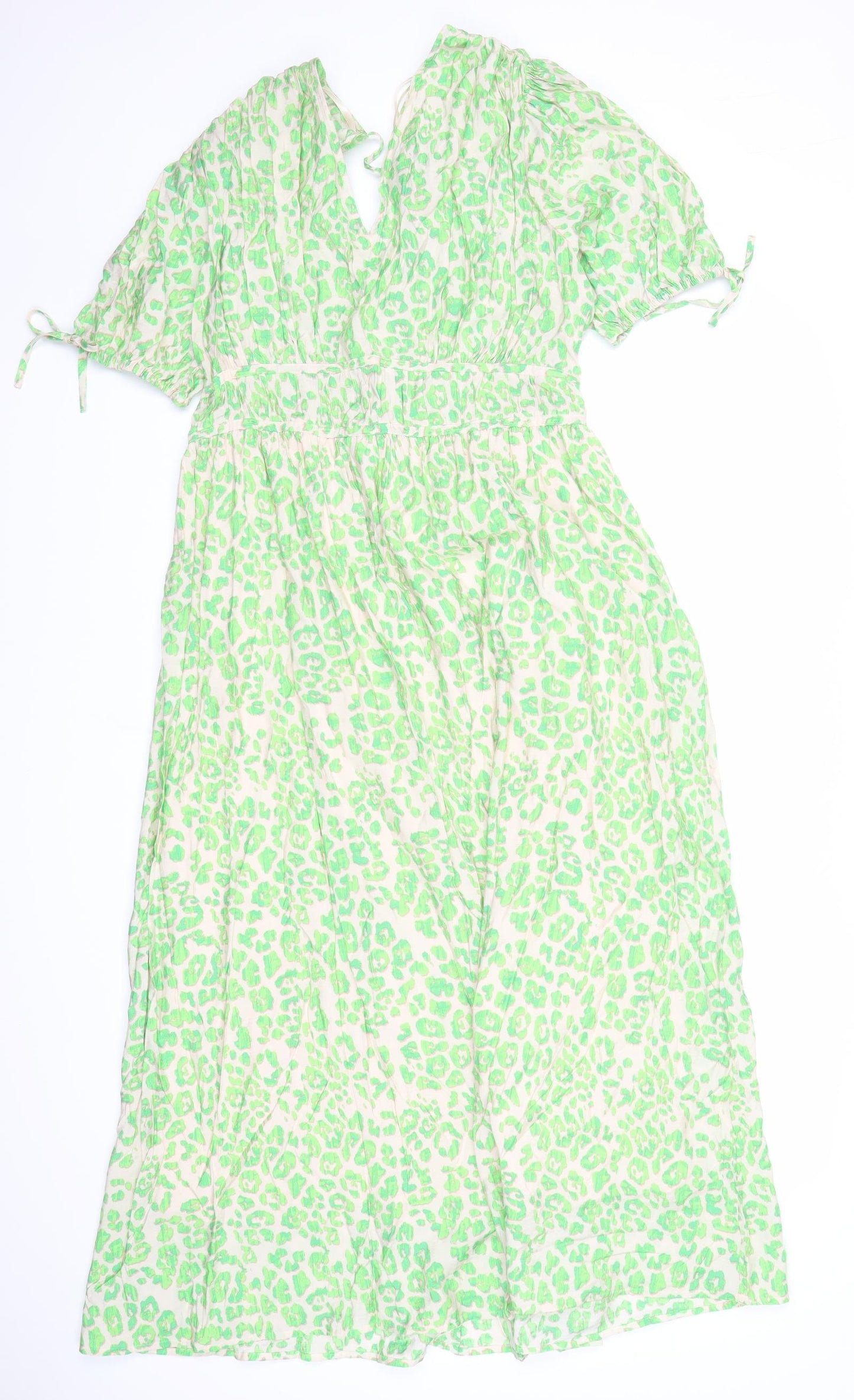 Marks and Spencer Womens Green Animal Print Viscose Trapeze & Swing Size 12 V-Neck Pullover - Leopard Pattern Lined
