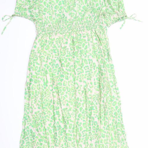 Marks and Spencer Womens Green Animal Print Viscose Trapeze & Swing Size 12 V-Neck Pullover - Leopard Pattern Lined