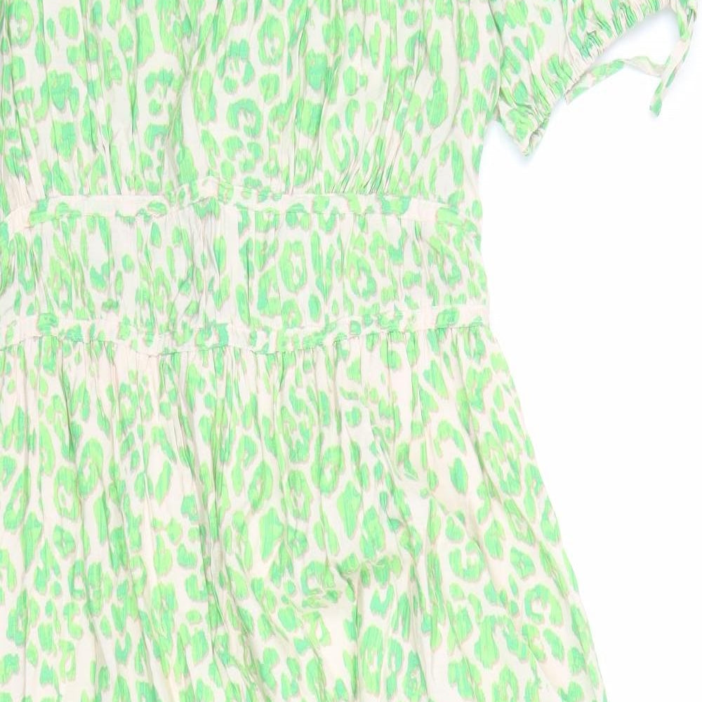 Marks and Spencer Womens Green Animal Print Viscose Trapeze & Swing Size 12 V-Neck Pullover - Leopard Pattern Lined