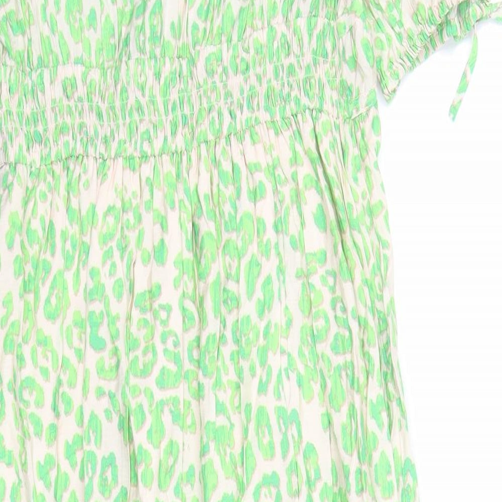 Marks and Spencer Womens Green Animal Print Viscose Trapeze & Swing Size 12 V-Neck Pullover - Leopard Pattern Lined