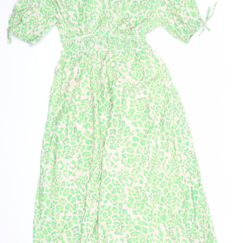 Marks and Spencer Womens Green Animal Print Viscose A-Line Size 6 V-Neck Pullover - Leopard Pattern