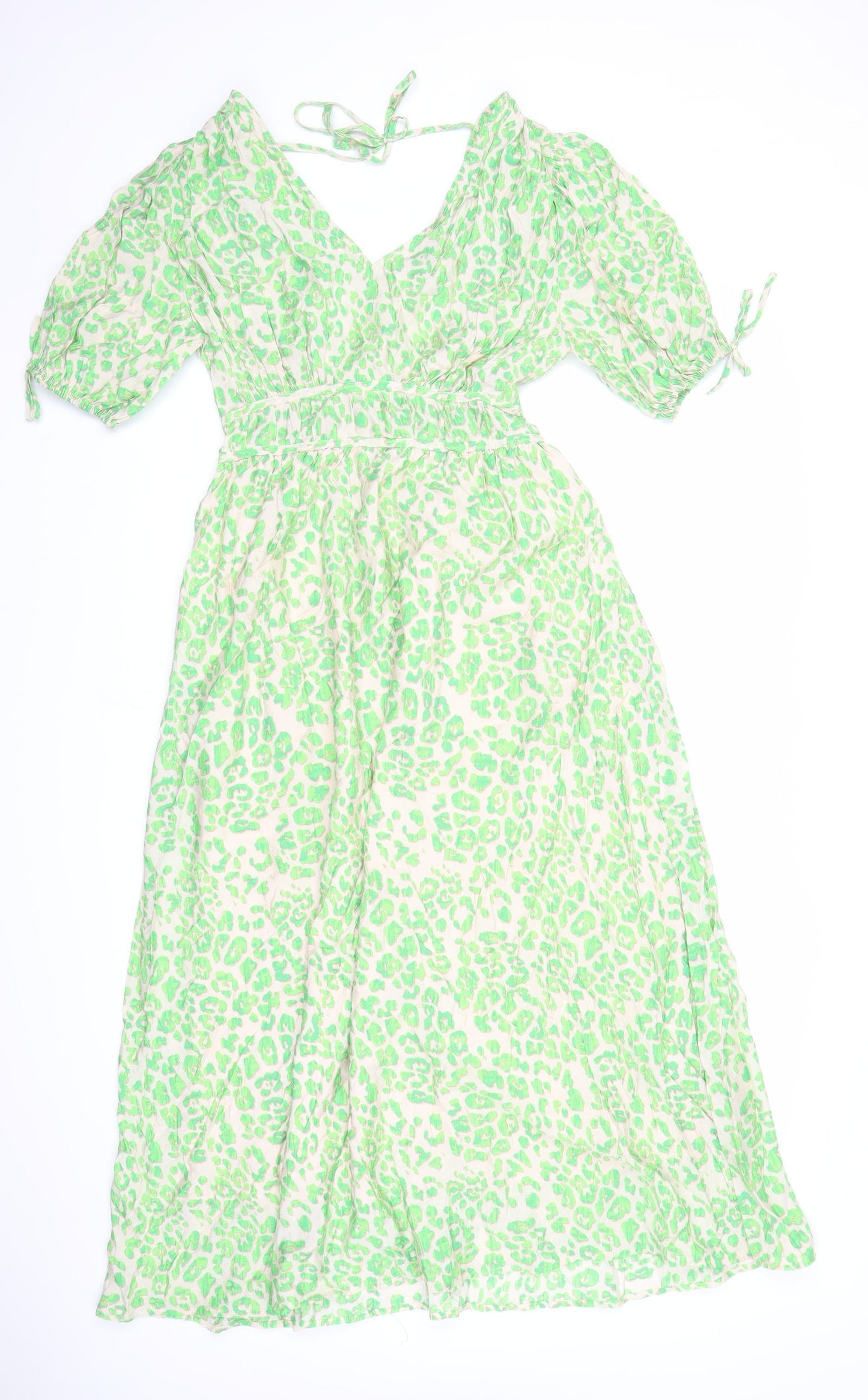 Marks and Spencer Womens Green Animal Print Viscose A-Line Size 6 V-Neck Pullover - Leopard Pattern