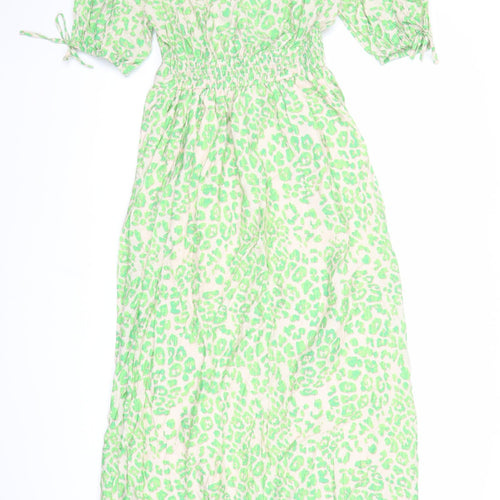Marks and Spencer Womens Green Animal Print Viscose A-Line Size 6 V-Neck Pullover - Leopard Pattern