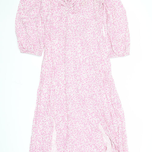 Marks and Spencer Womens Pink Floral Viscose A-Line Size 10 V-Neck Zip
