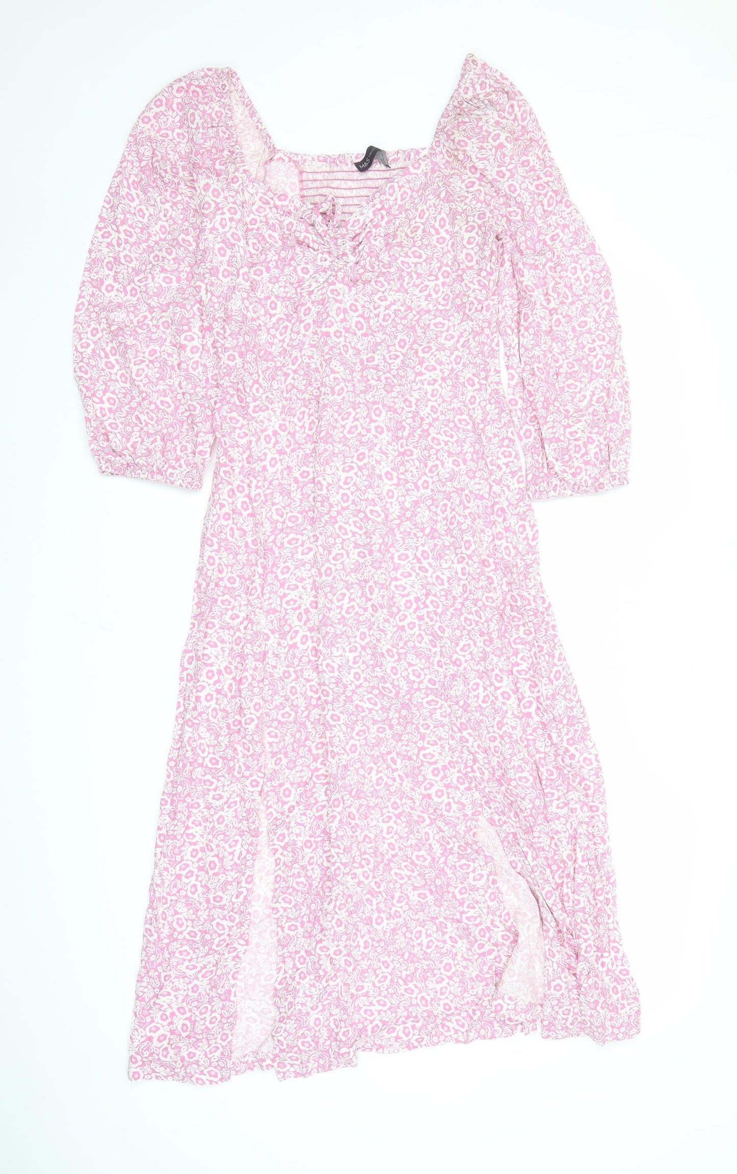 Marks and Spencer Womens Pink Floral Viscose A-Line Size 10 V-Neck Zip