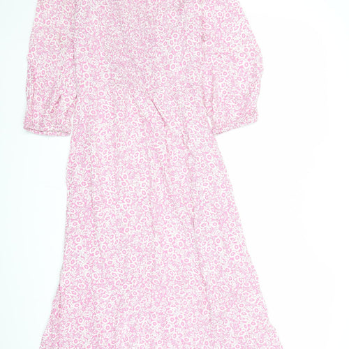 Marks and Spencer Womens Pink Floral Viscose A-Line Size 10 V-Neck Zip