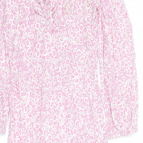 Marks and Spencer Womens Pink Floral Viscose A-Line Size 10 V-Neck Zip