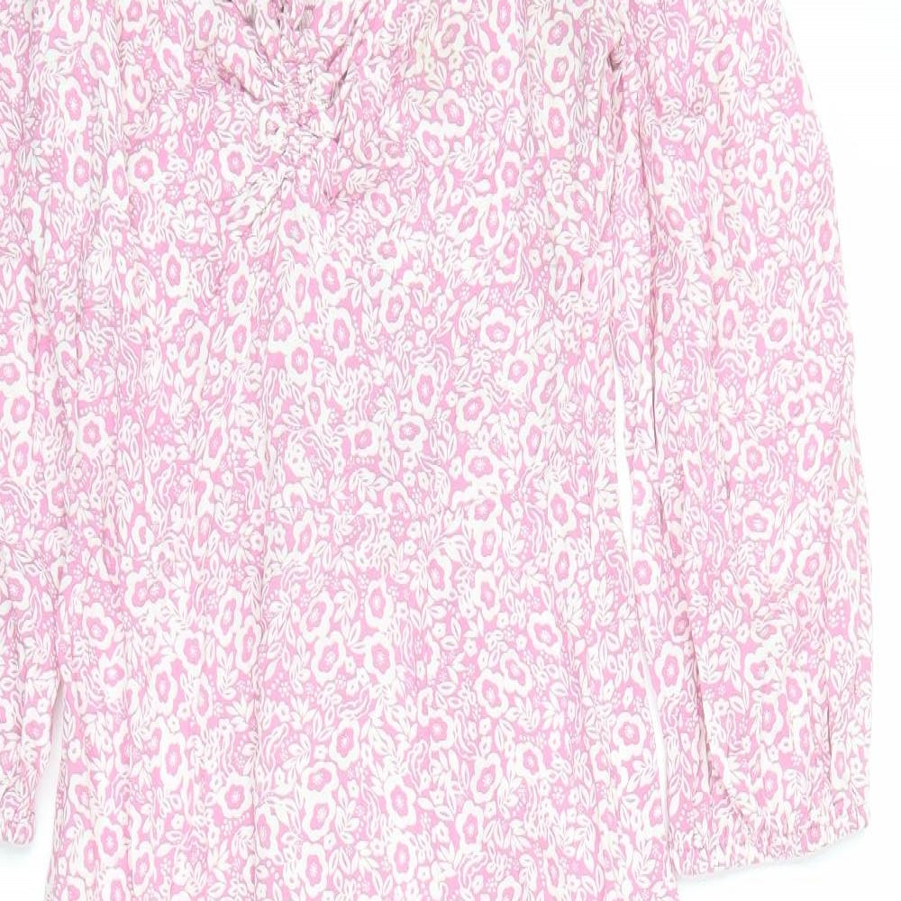 Marks and Spencer Womens Pink Floral Viscose A-Line Size 10 V-Neck Zip